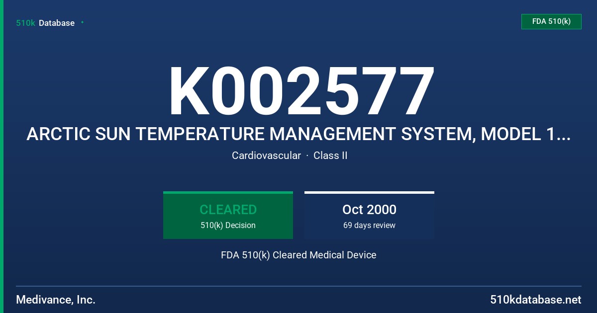 K002577 ARCTIC SUN TEMPERATURE MANAGEMENT SYSTEM, MODEL 100 CONTROL UNIT AND PATIENT ENERGY TRANSFER PADS FDA 510(k) Cleared Medical Device