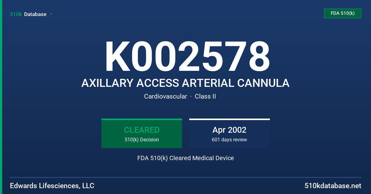 K002578 AXILLARY ACCESS ARTERIAL CANNULA FDA 510(k) Cleared Medical Device