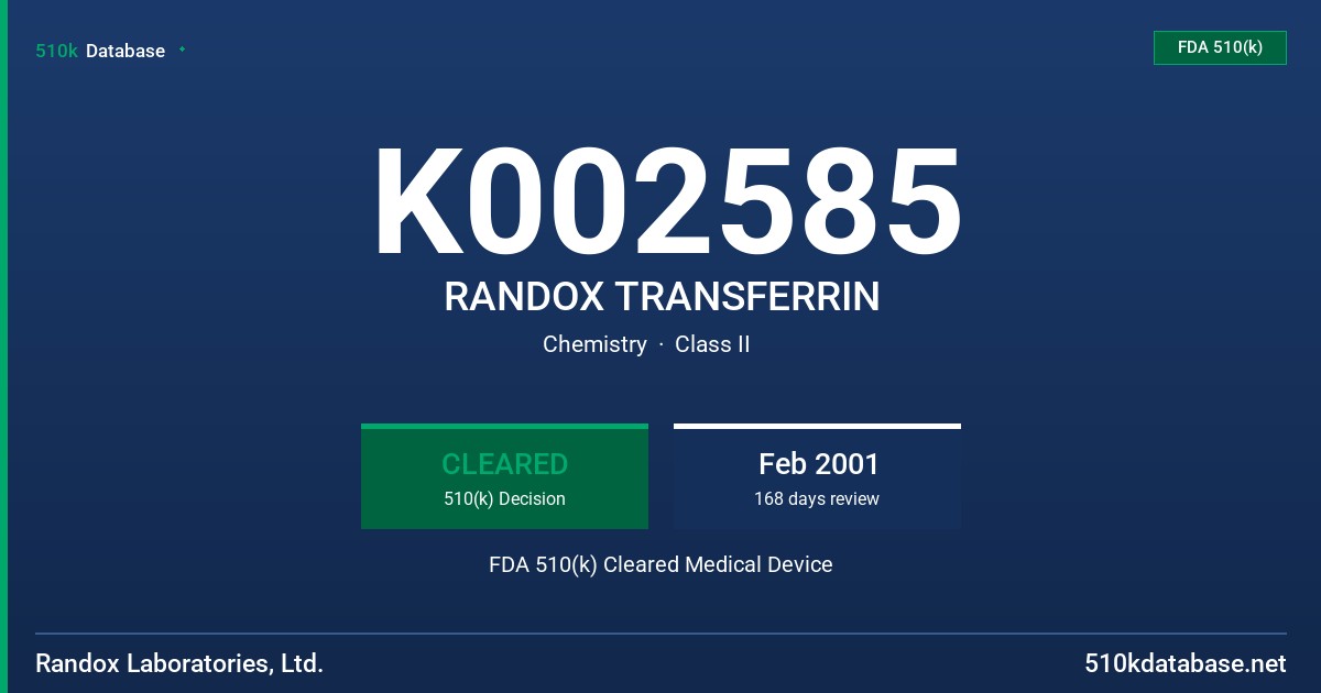 K002585 RANDOX TRANSFERRIN FDA 510(k) Cleared Medical Device