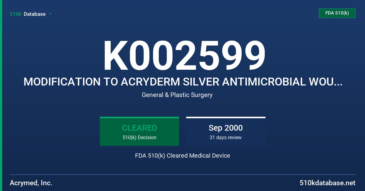 K002599 MODIFICATION TO ACRYDERM SILVER ANTIMICROBIAL WOUND DRESSING, MODELS 1041, 1042, 1043, 1044, 1045 FDA 510(k) Cleared Medical Device
