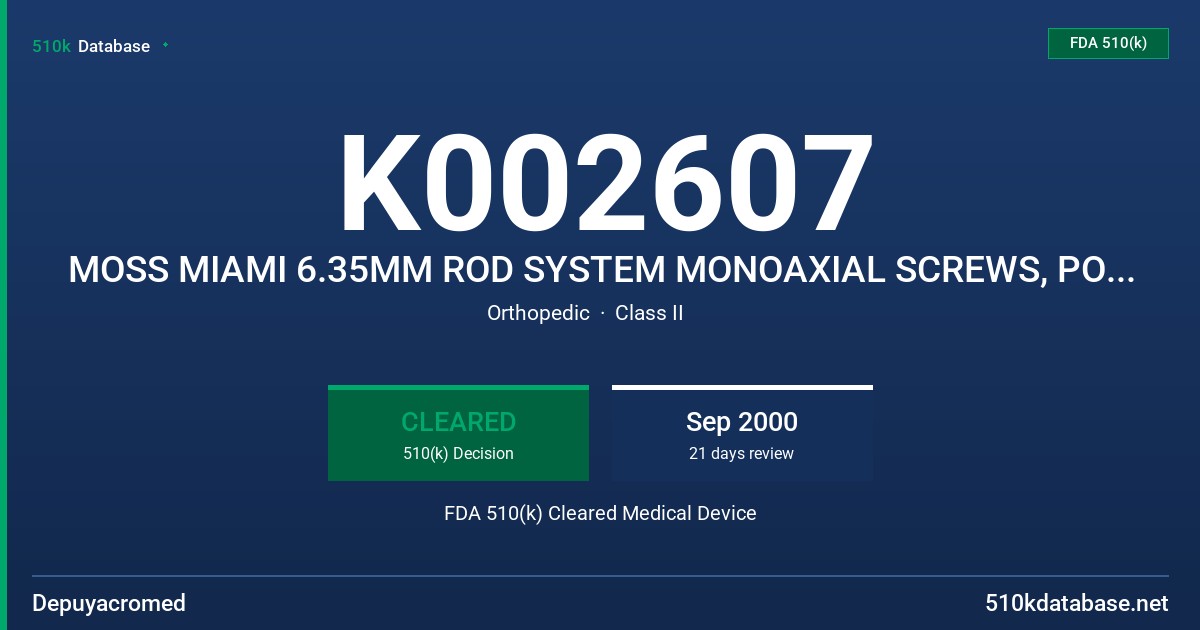 K002607 MOSS MIAMI 6.35MM ROD SYSTEM MONOAXIAL SCREWS, POLYAXIAL REDUCTION SCREWS AND SACRAL EXTENDERS FDA 510(k) Cleared Medical Device