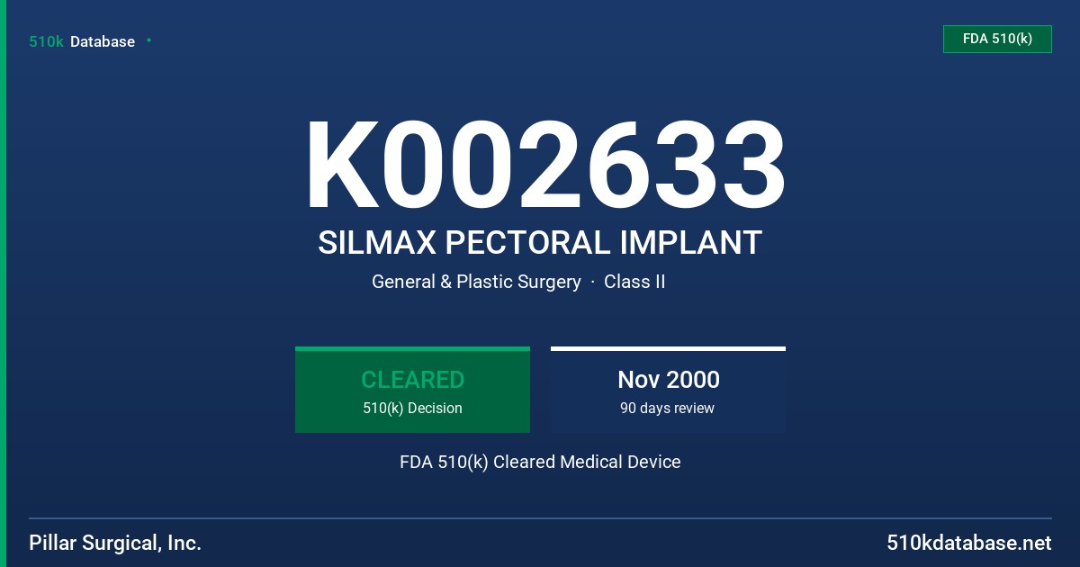 K002633 SILMAX PECTORAL IMPLANT FDA 510(k) Cleared Medical Device