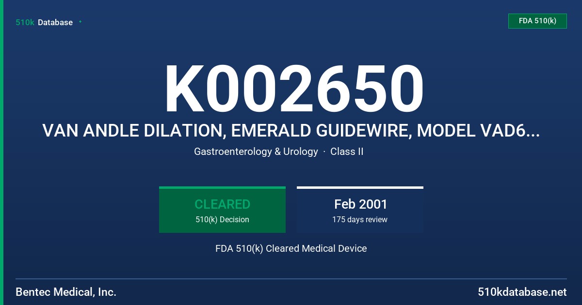 K002650 VAN ANDLE DILATION, EMERALD GUIDEWIRE, MODEL VAD6, 502-726 FDA 510(k) Cleared Medical Device
