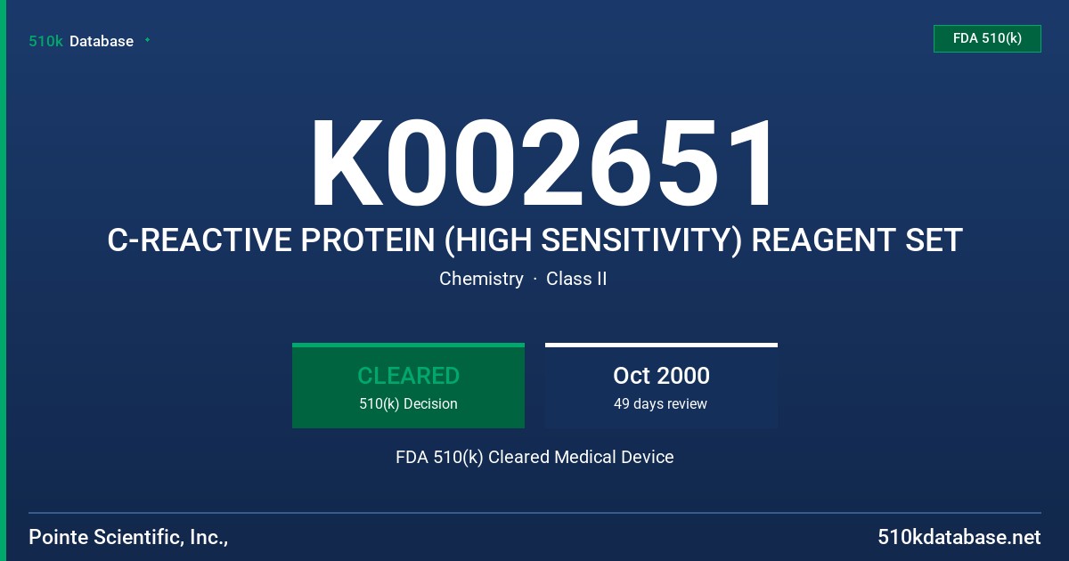 K002651 C-REACTIVE PROTEIN (HIGH SENSITIVITY) REAGENT SET FDA 510(k) Cleared Medical Device