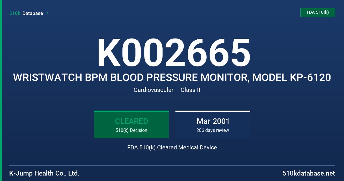 K002665 WRISTWATCH BPM BLOOD PRESSURE MONITOR, MODEL KP-6120 FDA 510(k) Cleared Medical Device