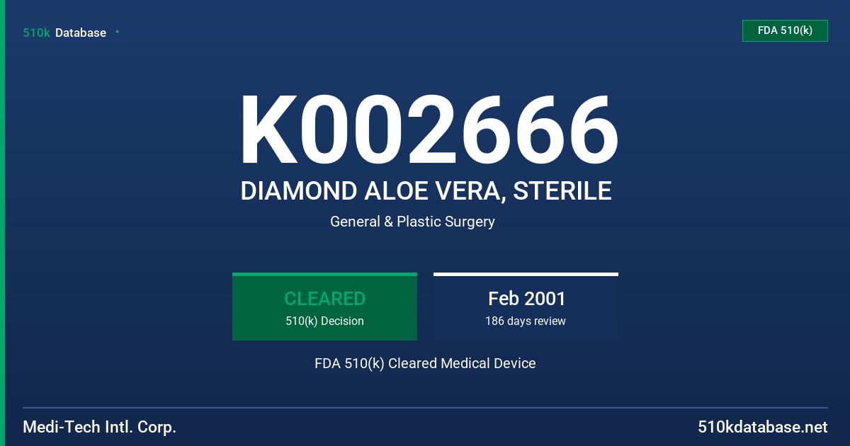 K002666 DIAMOND ALOE VERA, STERILE FDA 510(k) Cleared Medical Device