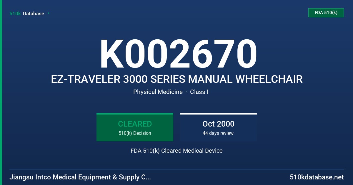 K002670 EZ-TRAVELER 3000 SERIES MANUAL WHEELCHAIR FDA 510(k) Cleared Medical Device