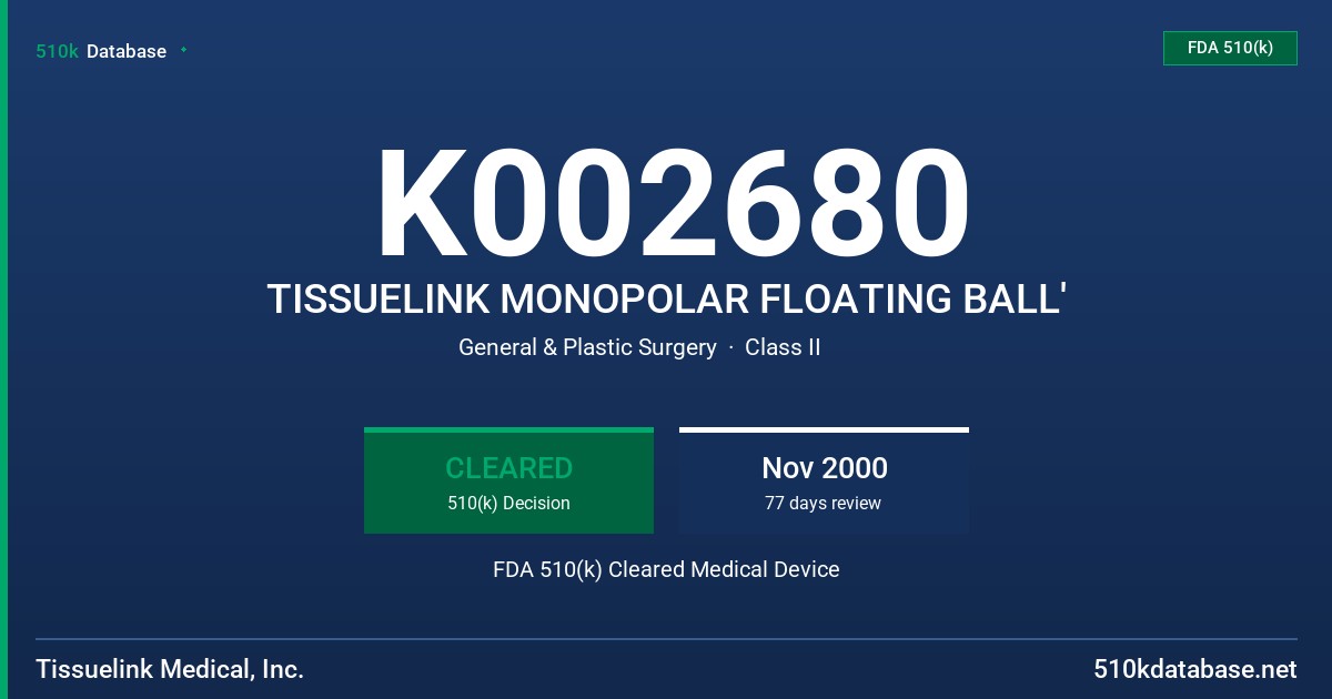 K002680 TISSUELINK MONOPOLAR FLOATING BALL' FDA 510(k) Cleared Medical Device