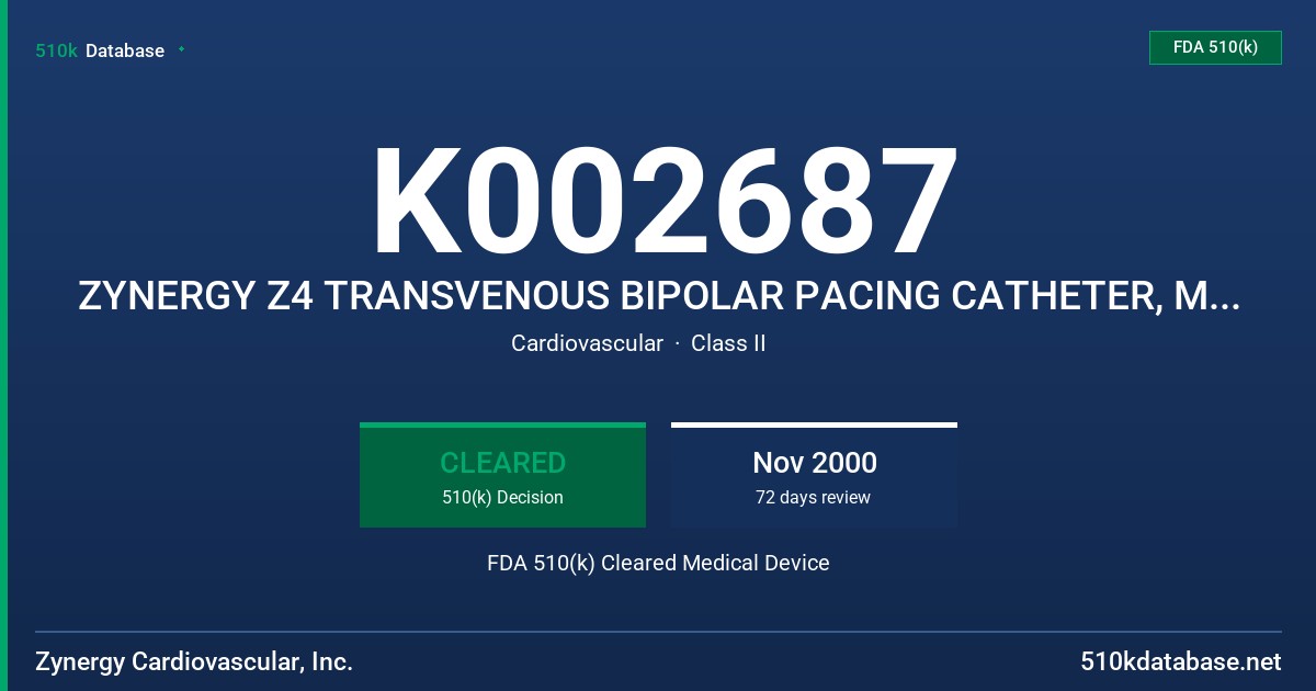 K002687 ZYNERGY Z4 TRANSVENOUS BIPOLAR PACING CATHETER, MODEL 04-X-02-3-10-3 FDA 510(k) Cleared Medical Device