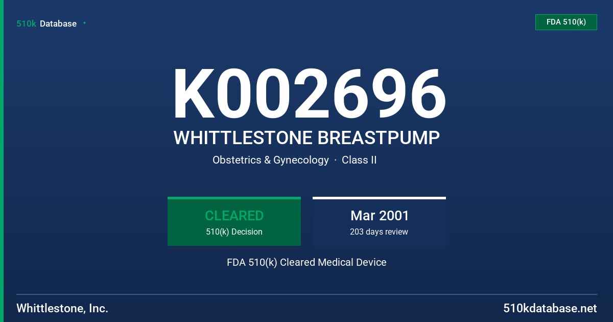 K002696 WHITTLESTONE BREASTPUMP FDA 510(k) Cleared Medical Device