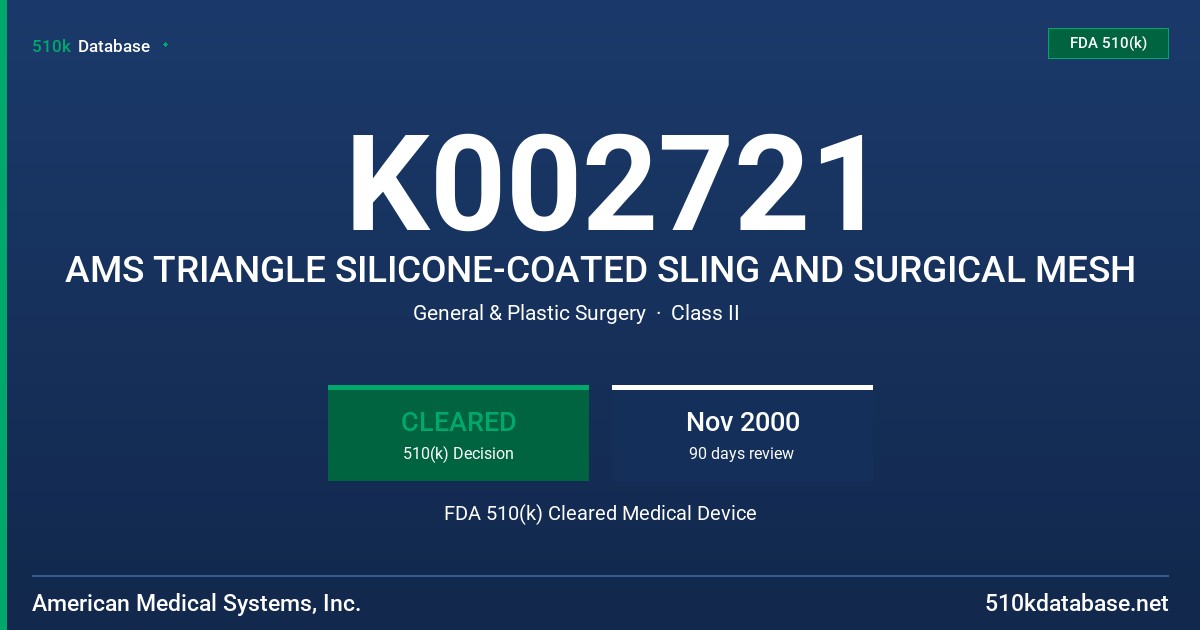 K002721 AMS TRIANGLE SILICONE-COATED SLING AND SURGICAL MESH FDA 510(k) Cleared Medical Device