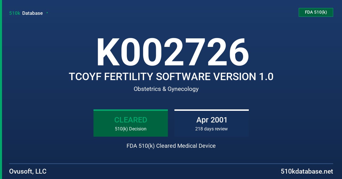 K002726 TCOYF FERTILITY SOFTWARE VERSION 1.0 FDA 510(k) Cleared Medical Device