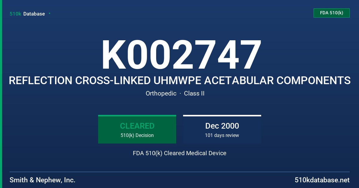 K002747 REFLECTION CROSS-LINKED UHMWPE ACETABULAR COMPONENTS FDA 510(k) Cleared Medical Device