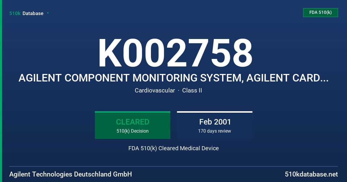 K002758 AGILENT COMPONENT MONITORING SYSTEM, AGILENT CARDIAC OUTPUT MODULE, AGILENT INVASIVE PRESSURE MODULE, MODEL M1175A/76A FDA 510(k) Cleared Medical Device