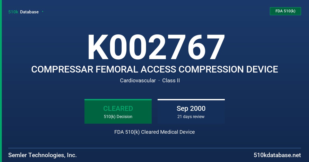 K002767 COMPRESSAR FEMORAL ACCESS COMPRESSION DEVICE FDA 510(k) Cleared Medical Device
