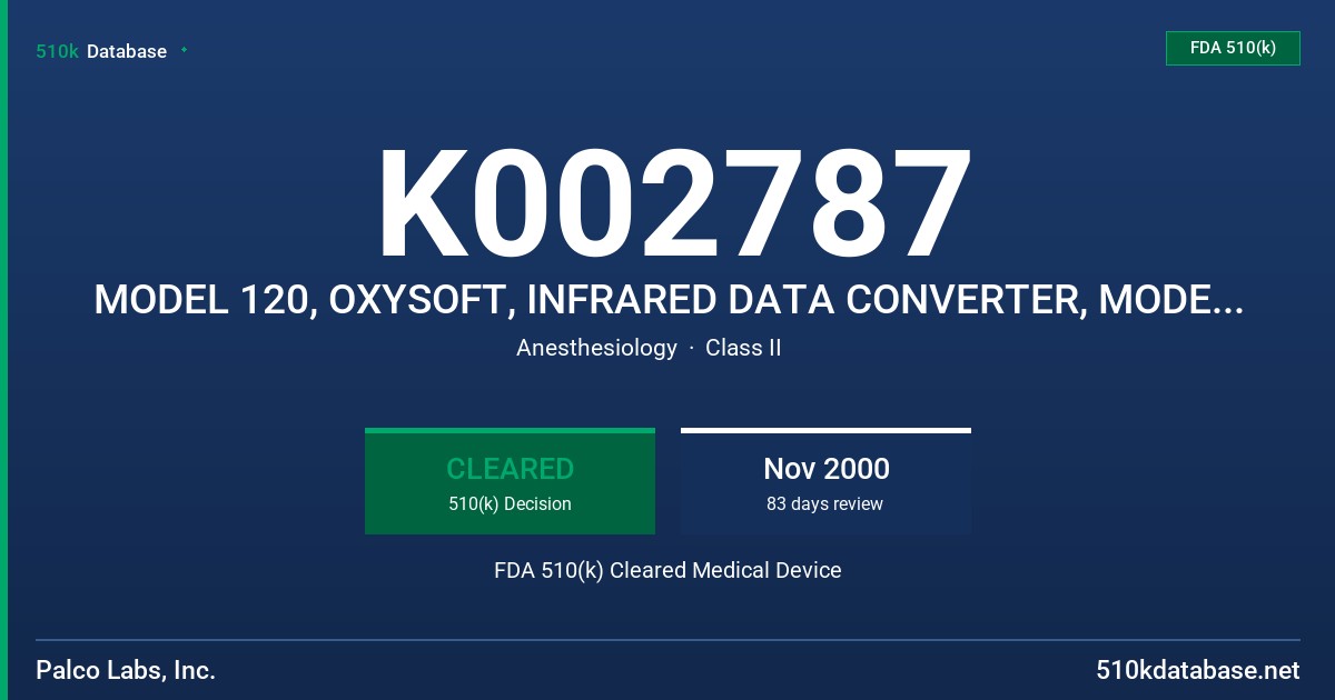 K002787 MODEL 120, OXYSOFT, INFRARED DATA CONVERTER, MODEL 120 FDA 510(k) Cleared Medical Device
