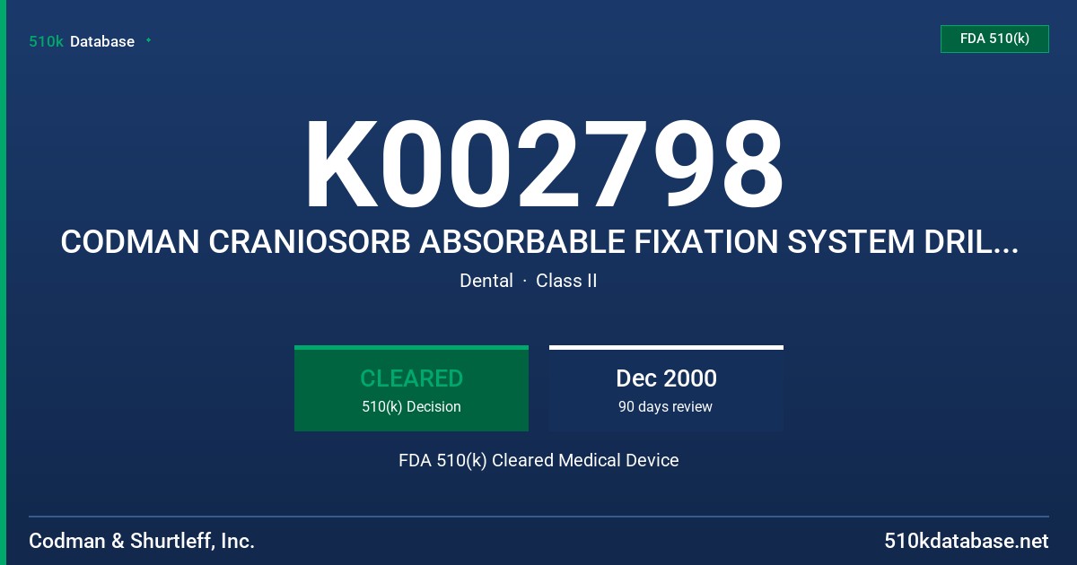 K002798 CODMAN CRANIOSORB ABSORBABLE FIXATION SYSTEM DRILL BITS FDA 510(k) Cleared Medical Device