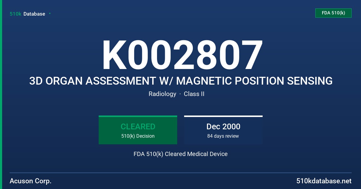 K002807 3D ORGAN ASSESSMENT W/ MAGNETIC POSITION SENSING FDA 510(k) Cleared Medical Device