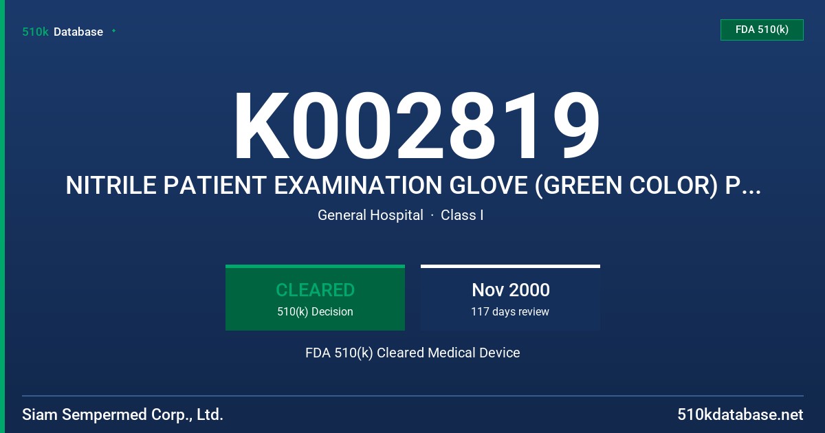 K002819 NITRILE PATIENT EXAMINATION GLOVE (GREEN COLOR) POWDERED, NON STERILE FDA 510(k) Cleared Medical Device