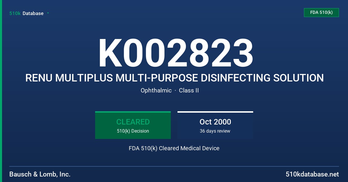 K002823 RENU MULTIPLUS MULTI-PURPOSE DISINFECTING SOLUTION FDA 510(k) Cleared Medical Device