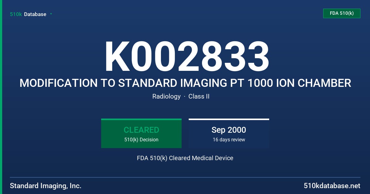 K002833 MODIFICATION TO STANDARD IMAGING PT 1000 ION CHAMBER FDA 510(k) Cleared Medical Device