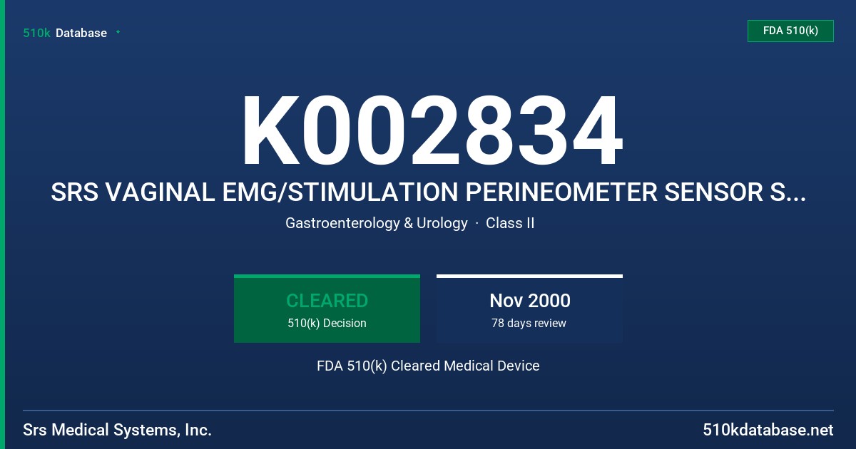 K002834 SRS VAGINAL EMG/STIMULATION PERINEOMETER SENSOR SRS ANAL EMG/STIMULATION PERINEOMETER SENSOR FDA 510(k) Cleared Medical Device