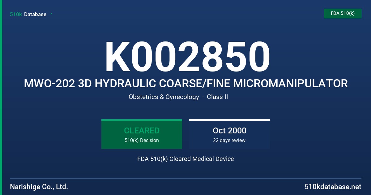 K002850 MWO-202 3D HYDRAULIC COARSE/FINE MICROMANIPULATOR FDA 510(k) Cleared Medical Device
