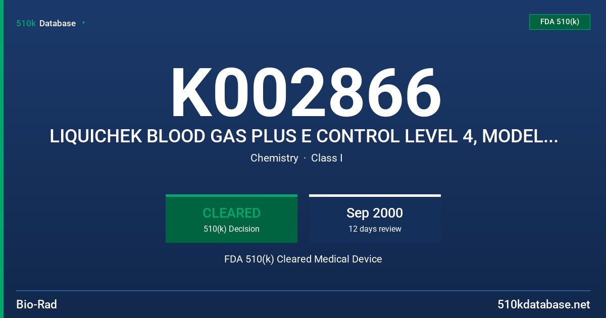 K002866 LIQUICHEK BLOOD GAS PLUS E CONTROL LEVEL 4, MODEL 574 FDA 510(k) Cleared Medical Device