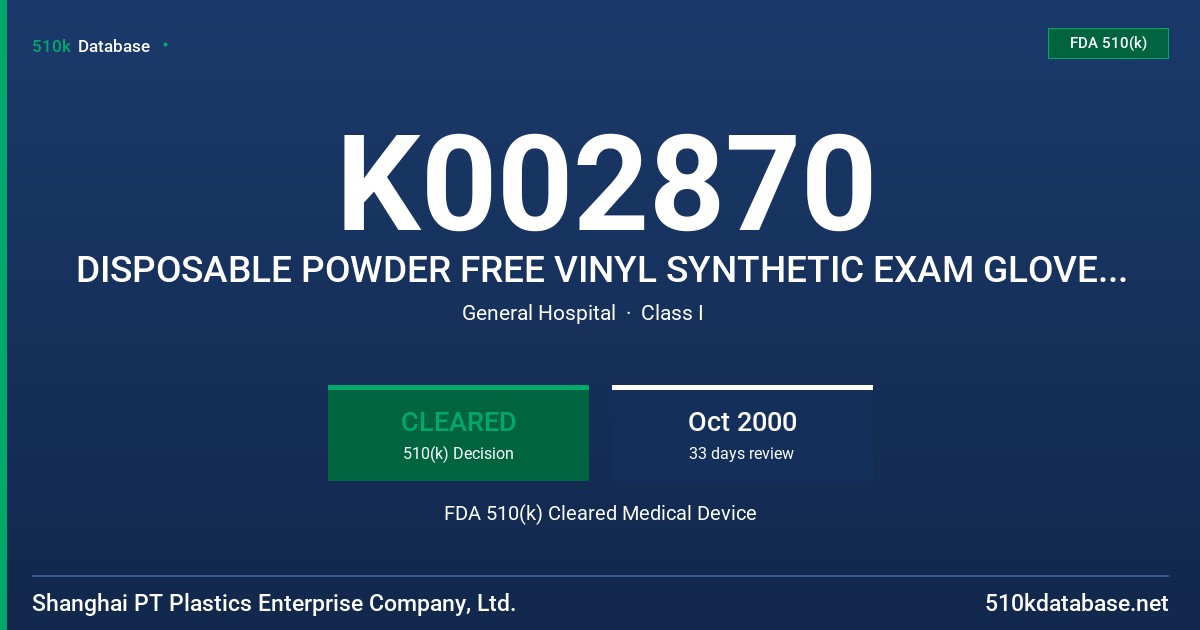 K002870 DISPOSABLE POWDER FREE VINYL SYNTHETIC EXAM GLOVES, WHITE COLOR FDA 510(k) Cleared Medical Device