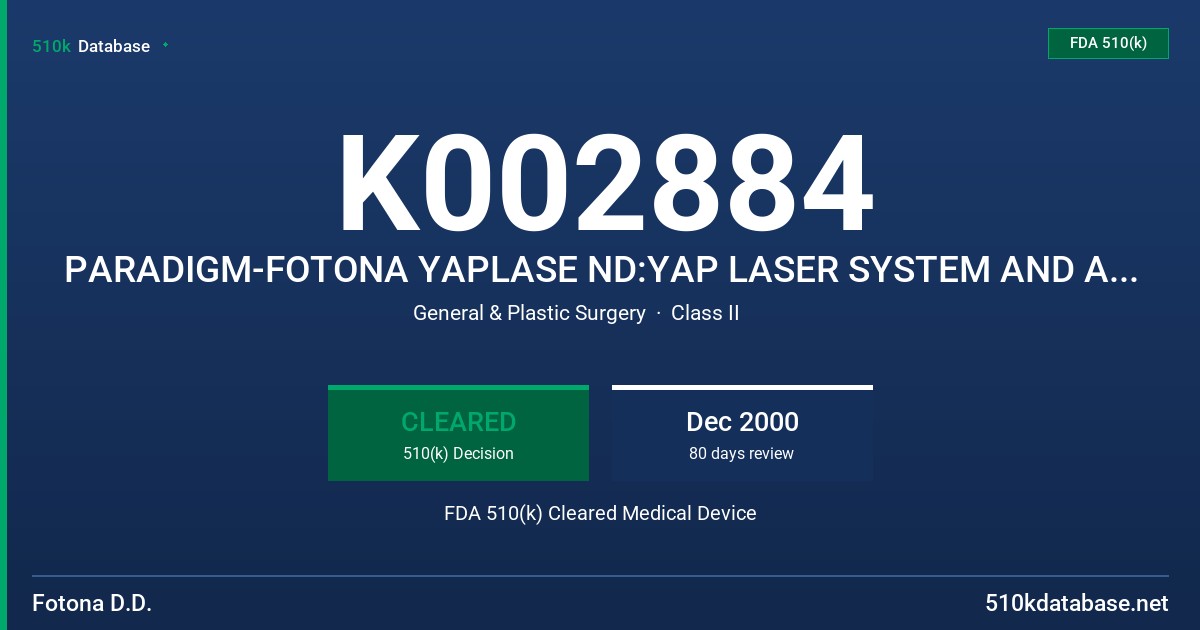 K002884 PARADIGM-FOTONA YAPLASE ND:YAP LASER SYSTEM AND ACCESSORIES FDA 510(k) Cleared Medical Device