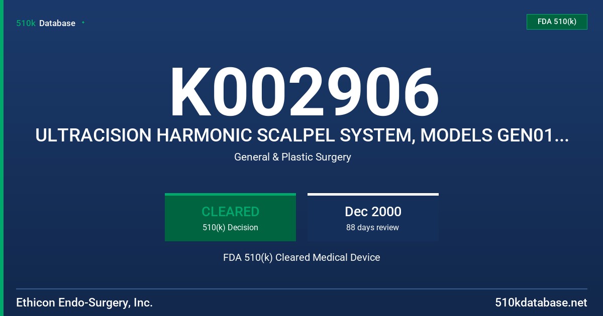 K002906 ULTRACISION HARMONIC SCALPEL SYSTEM, MODELS GEN01, GEN02, GEN03, HP052, HP053, HSA07 FDA 510(k) Cleared Medical Device