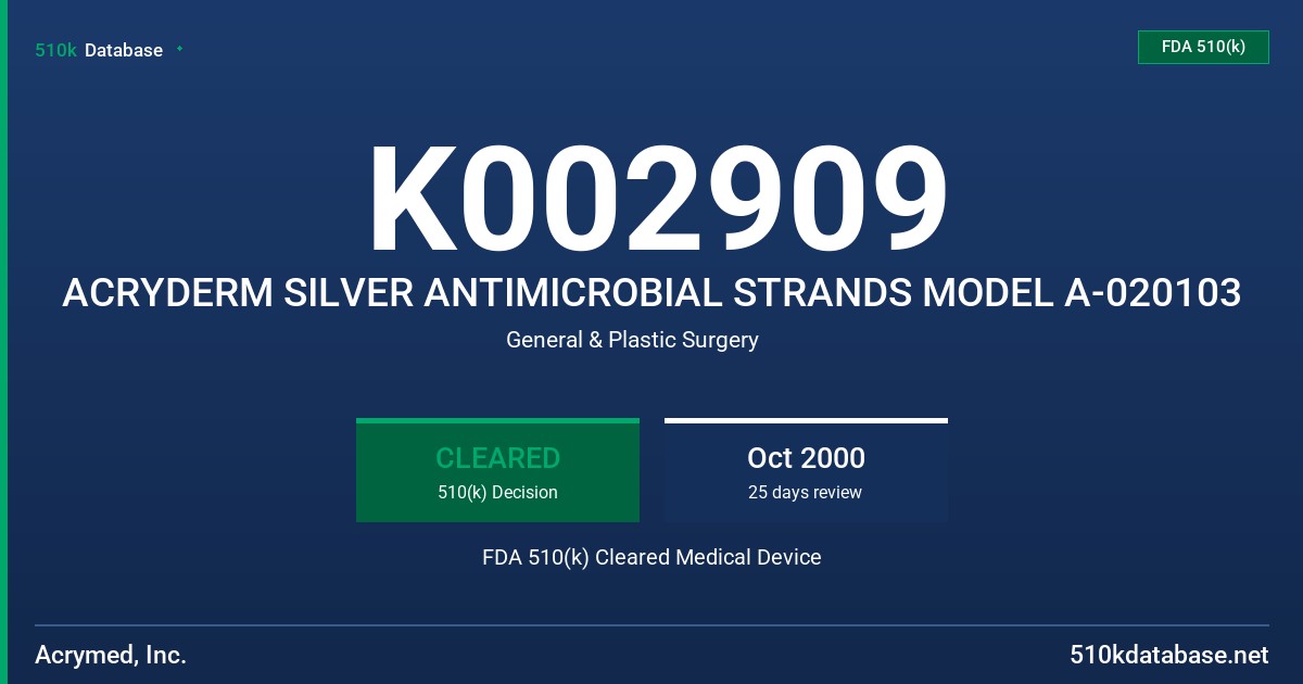 K002909 ACRYDERM SILVER ANTIMICROBIAL STRANDS MODEL A-020103 FDA 510(k) Cleared Medical Device