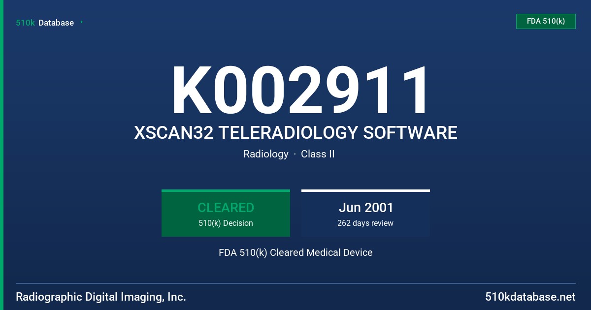 K002911 XSCAN32 TELERADIOLOGY SOFTWARE FDA 510(k) Cleared Medical Device