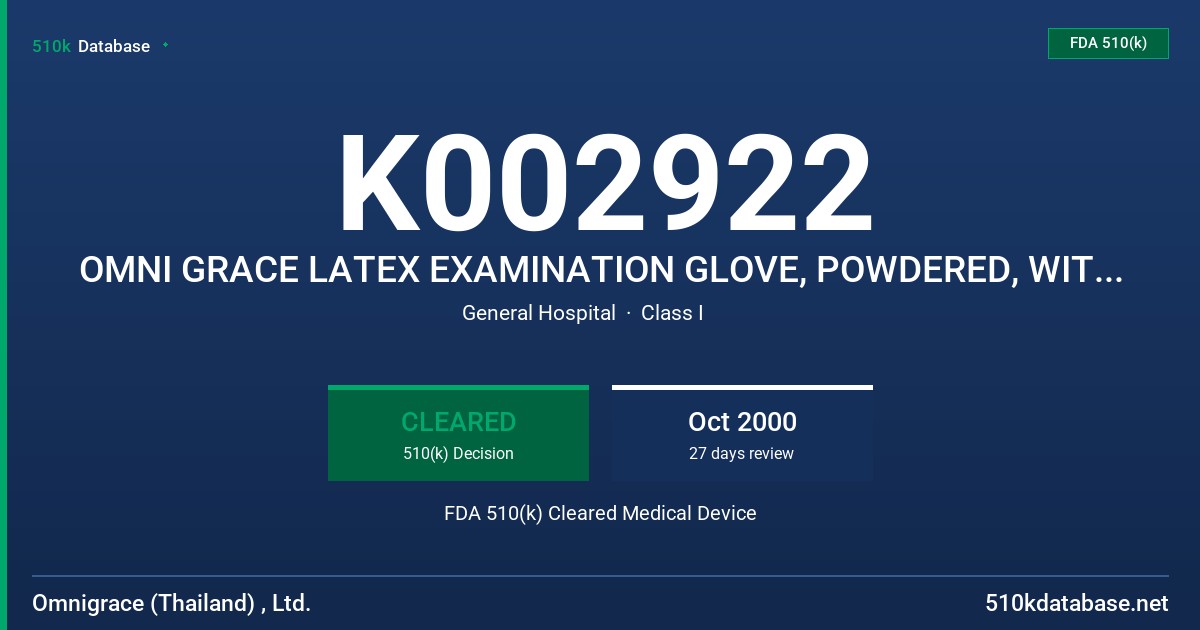 K002922 OMNI GRACE LATEX EXAMINATION GLOVE, POWDERED, WITH PROTEIN CLAIM (200 MICROGRAMS OR LESS) FDA 510(k) Cleared Medical Device