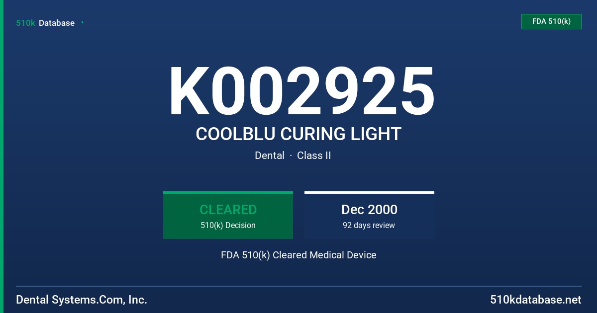 K002925 COOLBLU CURING LIGHT FDA 510(k) Cleared Medical Device