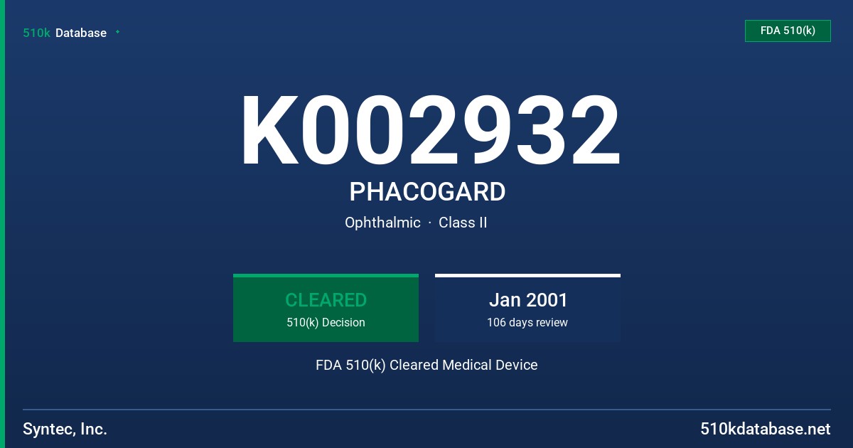 K002932 PHACOGARD FDA 510(k) Cleared Medical Device