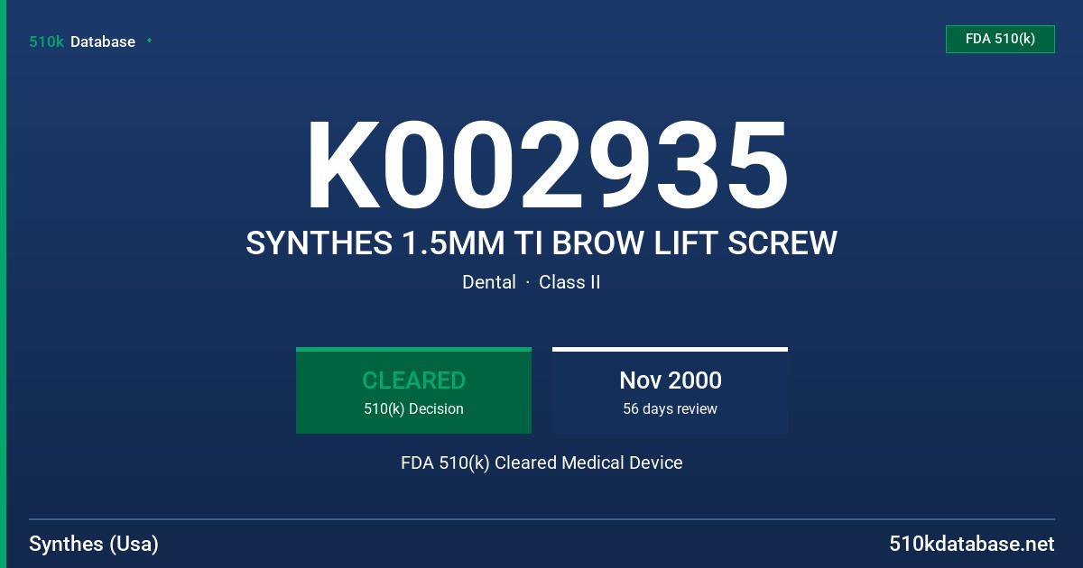 K002935 SYNTHES 1.5MM TI BROW LIFT SCREW FDA 510(k) Cleared Medical Device