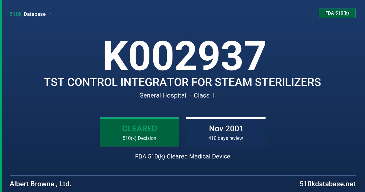 K002937 TST CONTROL INTEGRATOR FOR STEAM STERILIZERS FDA 510(k) Cleared Medical Device