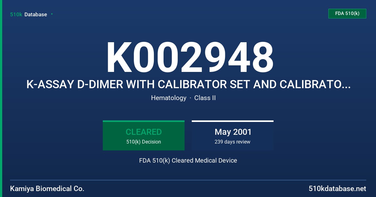 K002948 K-ASSAY D-DIMER WITH CALIBRATOR SET AND CALIBRATOR DILUENT FDA 510(k) Cleared Medical Device