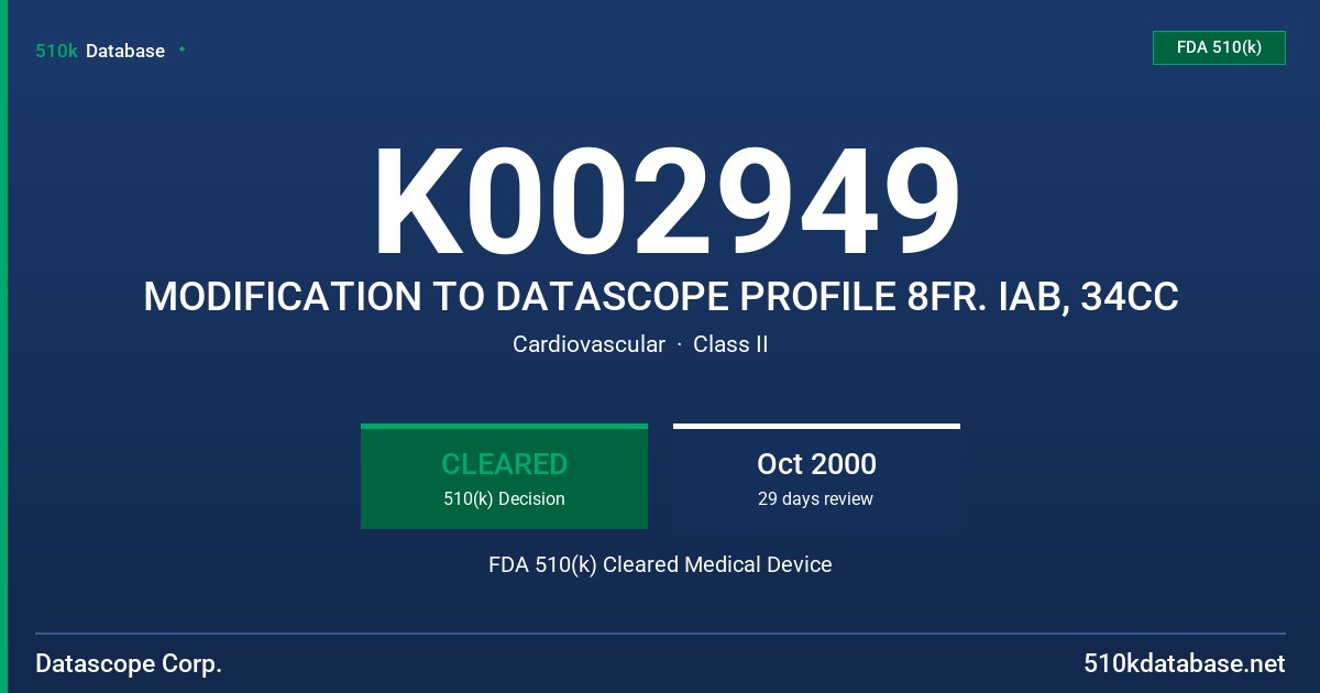 K002949 MODIFICATION TO DATASCOPE PROFILE 8FR. IAB, 34CC FDA 510(k) Cleared Medical Device
