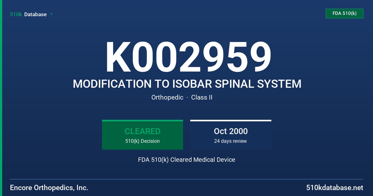 K002959 MODIFICATION TO ISOBAR SPINAL SYSTEM FDA 510(k) Cleared Medical Device