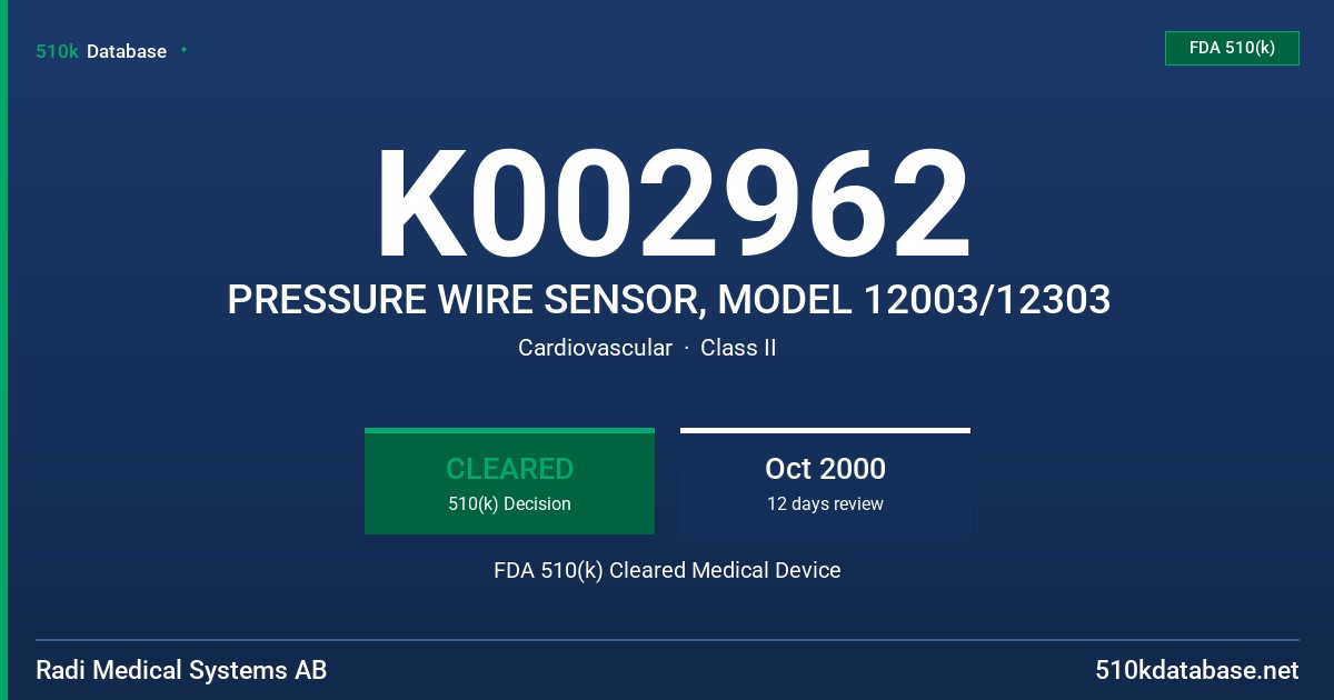 K002962 PRESSURE WIRE SENSOR, MODEL 12003/12303 FDA 510(k) Cleared Medical Device