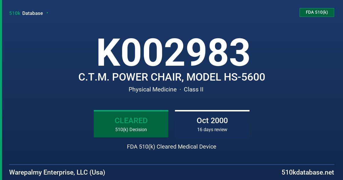 K002983 C.T.M. POWER CHAIR, MODEL HS-5600 FDA 510(k) Cleared Medical Device