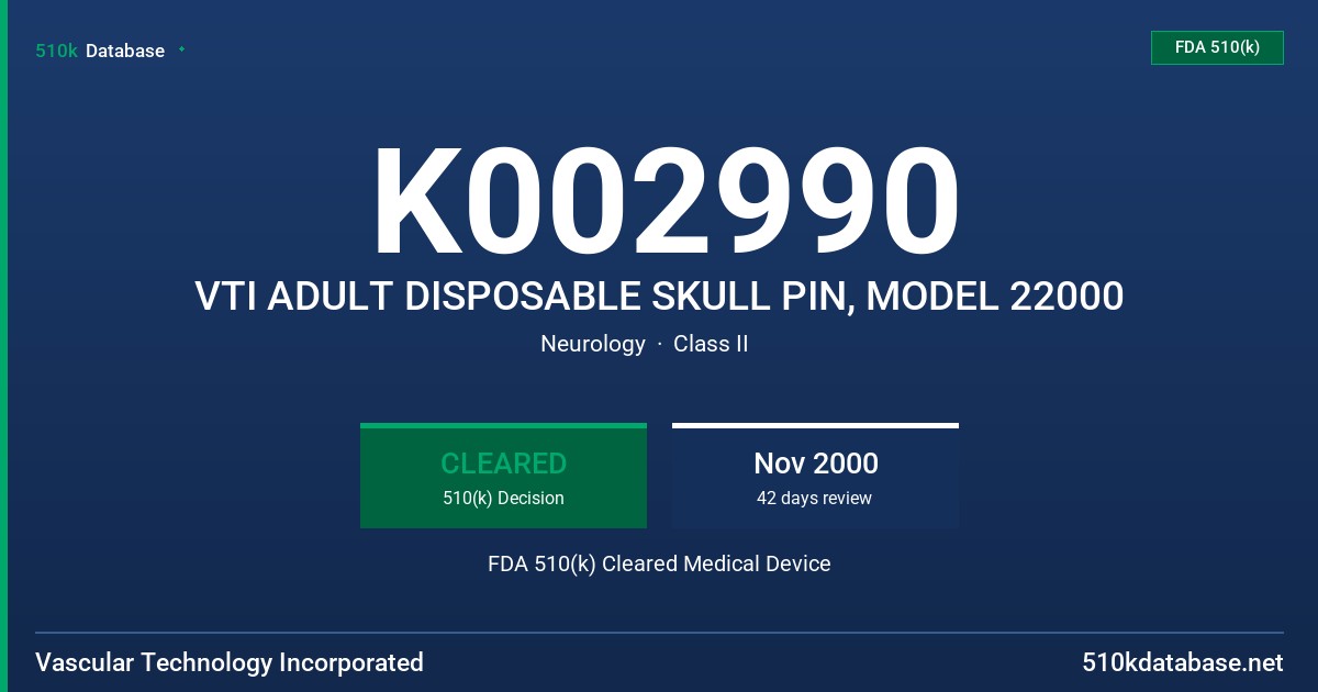 K002990 VTI ADULT DISPOSABLE SKULL PIN, MODEL 22000 FDA 510(k) Cleared Medical Device