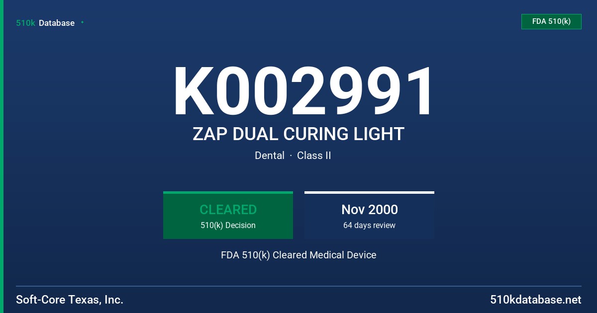 K002991 ZAP DUAL CURING LIGHT FDA 510(k) Cleared Medical Device