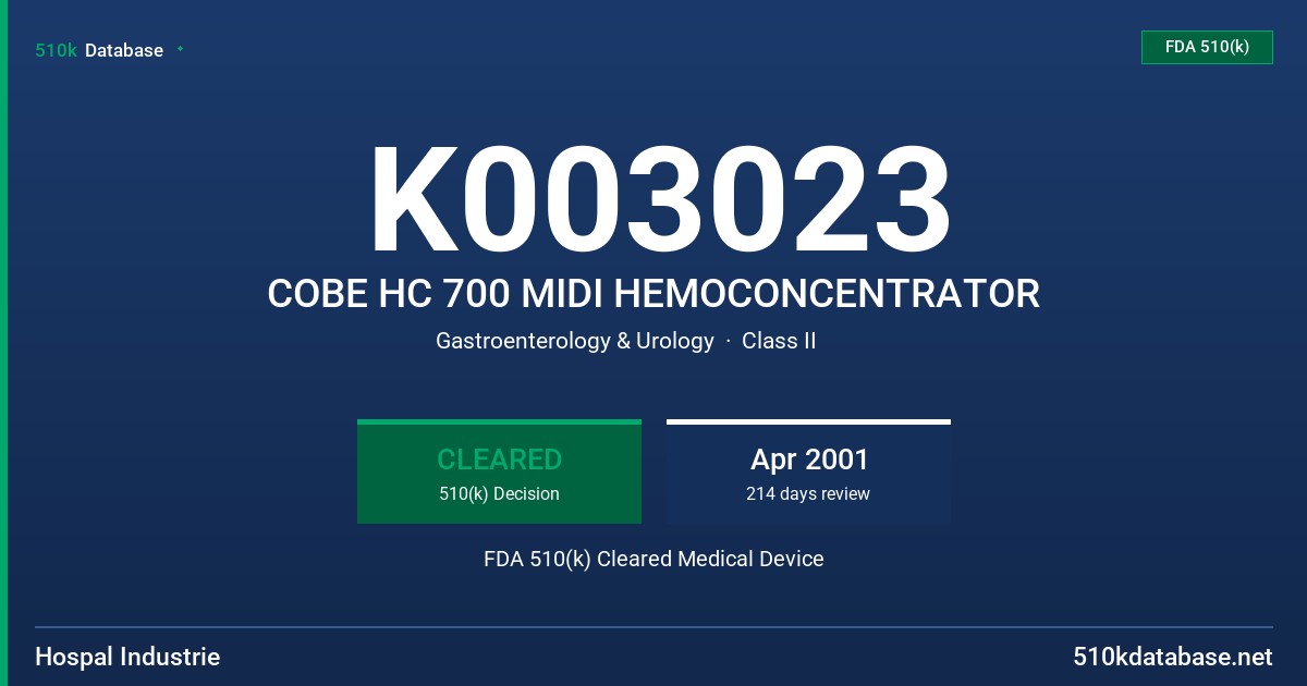 K003023 COBE HC 700 MIDI HEMOCONCENTRATOR FDA 510(k) Cleared Medical Device