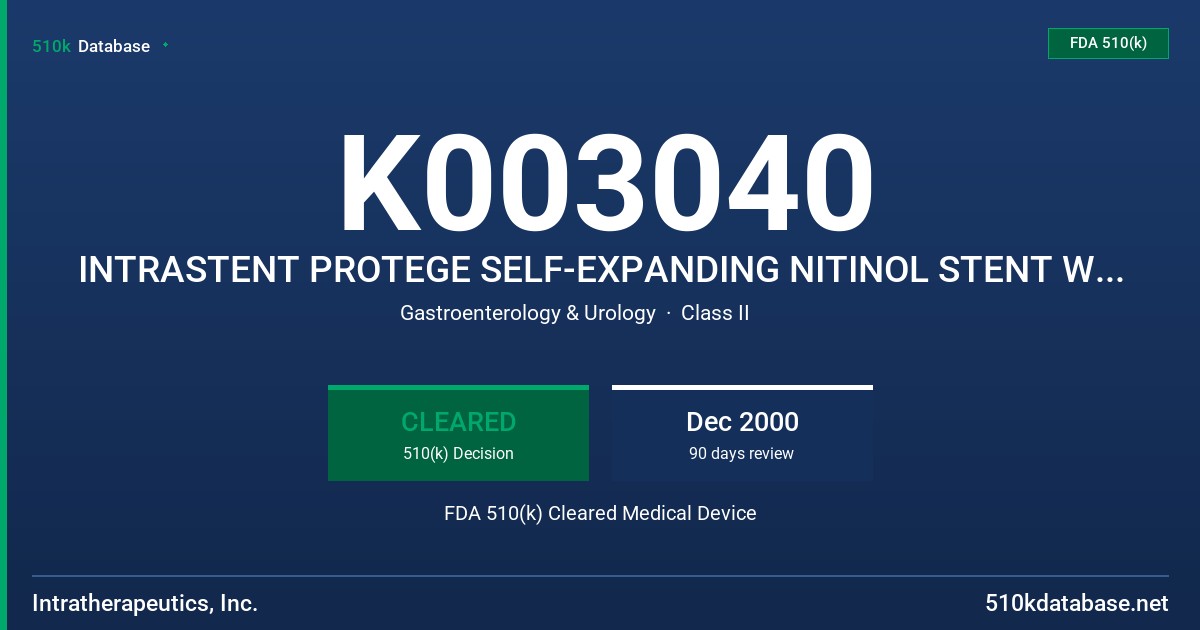 K003040 INTRASTENT PROTEGE SELF-EXPANDING NITINOL STENT WITH STARPORT DELIVERY TECHNOLOGY FDA 510(k) Cleared Medical Device