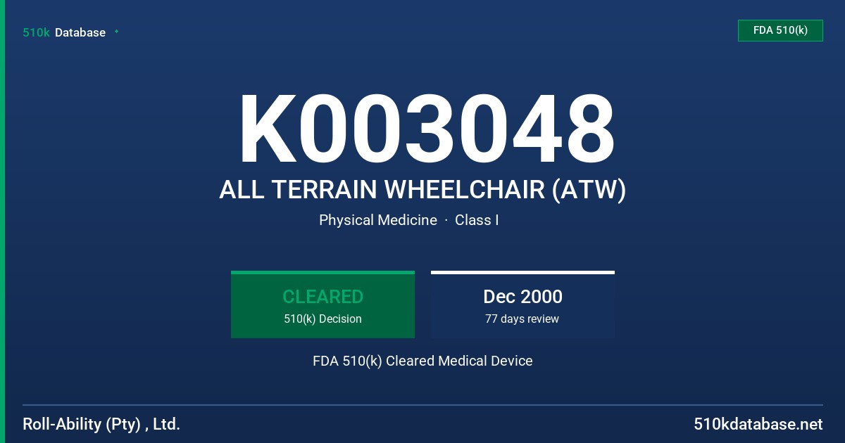 K003048 ALL TERRAIN WHEELCHAIR (ATW) FDA 510(k) Cleared Medical Device