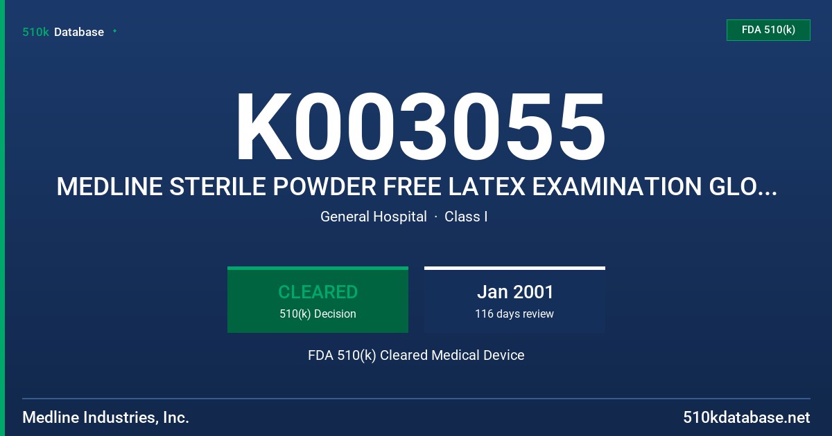K003055 MEDLINE STERILE POWDER FREE LATEX EXAMINATION GLOVES WITH PROTEIN CONTENT LABELING CLAIM (50 MICROGRAMS OR LESS) FDA 510(k) Cleared Medical Device
