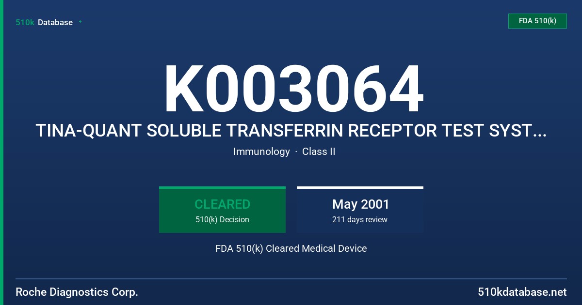 K003064 TINA-QUANT SOLUBLE TRANSFERRIN RECEPTOR TEST SYSTEM, HITACHI CATALOG # 2148315 FDA 510(k) Cleared Medical Device